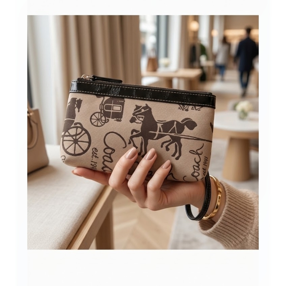 Coach Beige & Brown Horse-and-Carriage Print Wristlet